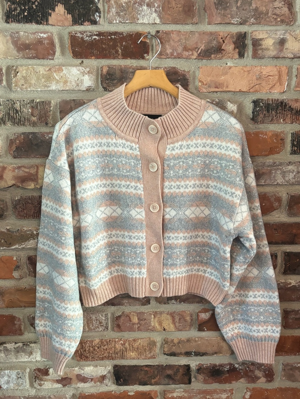 DH New York Pink Gray Button Up Knit Cardigan Sweater
